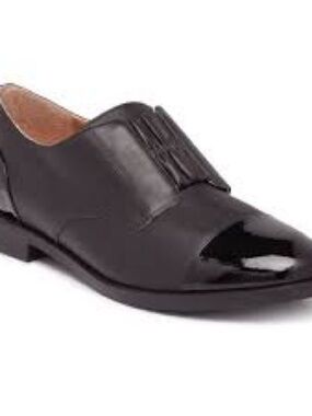 Vionic Black Leather Slip-On with Patent Toe